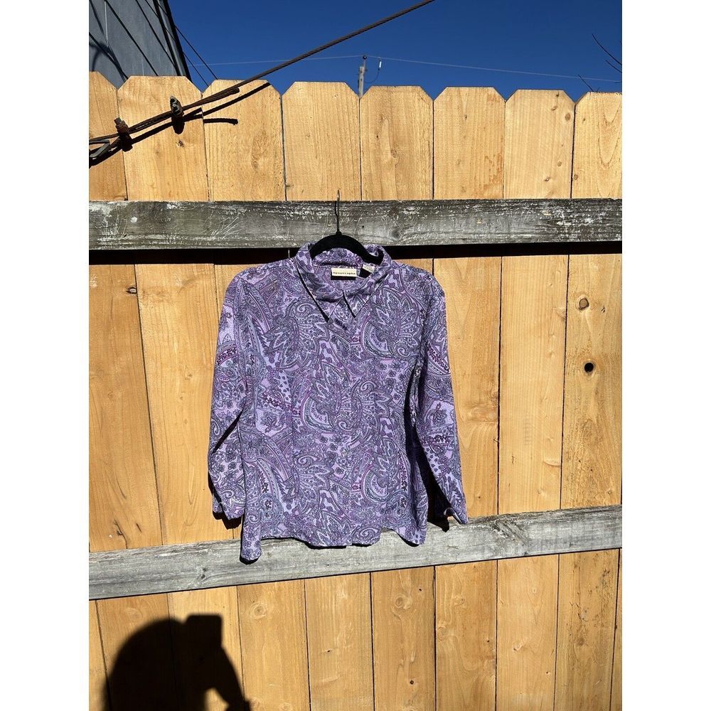 Apostrophe Womens Top Size XL ‎ Paisley 3/4 Sleeve Shirt Purple Button Up Spring